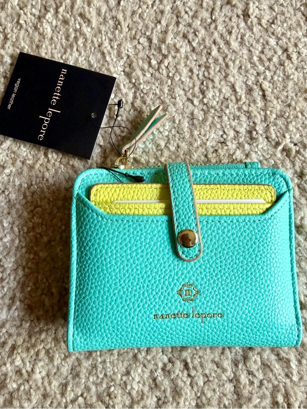Nanette Lepore Turquoise and Yellow Pebbled Leather Card Holder and Wallet